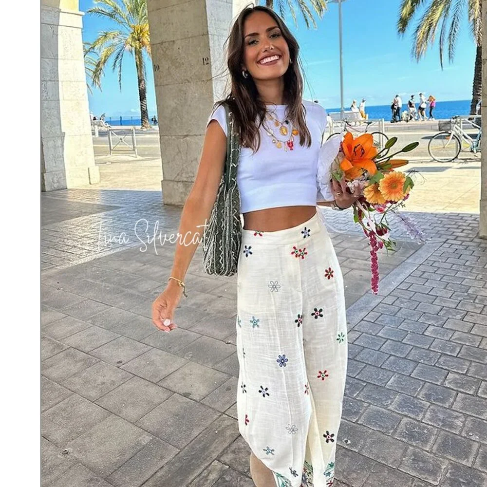 Zara White Floral Cropped Wide Legs Pants NWT